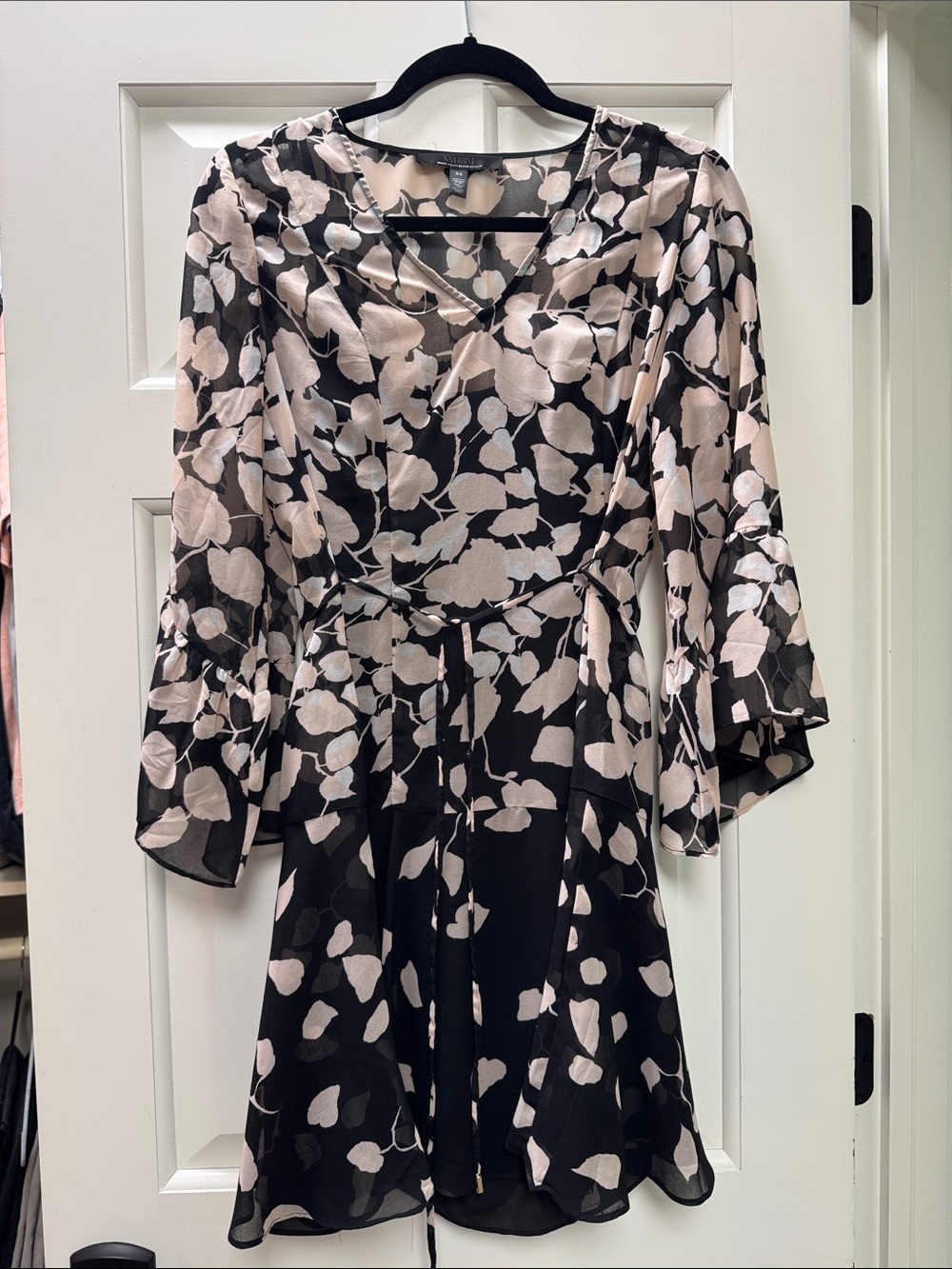 White House Black Market Black and Blush Floral Wrap Mini Dress